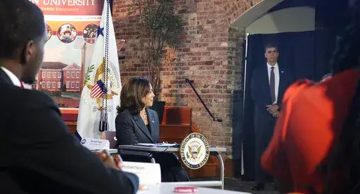 Vice President Kamala Harris speaks to students at Claflin University, one of two historically black universities she visited in Orangeburg, S.C. on Tuesday, Sept. 20, 2022. Harris pushed for voter registration as her party seeks to hold onto majorities in Congress. (AP Photo/James Pollard)