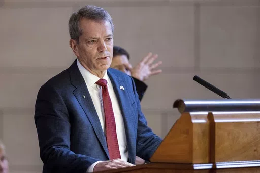 Nebraska Gov. Jim Pillen delivers his State of the State address, Jan. 25, 2023, at the the state Capitol in Lincoln, Neb. Nebraska Gov. Jim Pillen threatened from the beginning of this year's legislative session that he would call lawmakers back for a special session if they failed to pass a bill to significantly ease soaring property taxes, Thursday, April 18, 2024. (Anna Reed/Omaha World-Herald via AP, File)