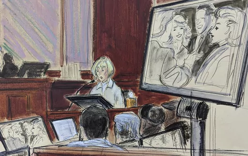 In this courtroom sketch, in Federal Court, in New York, Thursday, April 27, 2023, E. Jean Carroll, center, testifies on the witness stand as a photo of her and Donald Trump, along with his wife Ivana and Carroll's former husband, is shown on a screen. The photo was taken prior to the alleged assault. The jury is in the foreground. (AP Photo/Elizabeth Williams)