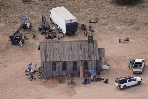 This aerial photo shows a film set at the Bonanza Creek Ranch in Santa Fe, N.M., Saturday, Oct. 23, 2021. Special prosecutors said Tuesday, Oct. 17, 2023, that they will seek to recharge actor Alec Baldwin with involuntary manslaughter in a 2021 fatal shooting on the movie set in New Mexico. (AP Photo/Jae C. Hong, File)