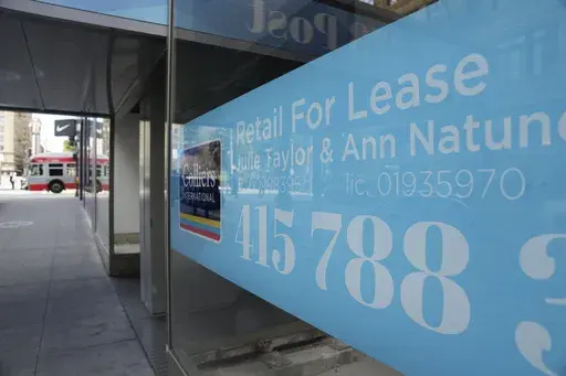 Retail spaces for lease are seen near Union Square in San Francisco, Feb. 27, 2024. Rent inflation is a pressure point for small businesses, according to new data from the Bank of America Institute. (AP Photo/Eric Risberg, File)