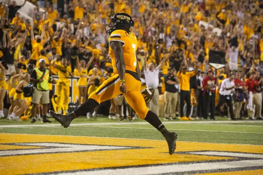 Southern Mississippi running back Frank Gore Jr. (3) runs the ball into the endzone for a touchdown during the second half of an NCAA college football game against Liberty in Hattiesburg, Miss., Saturday, Sept. 3, 2022. (Hannah Ruhoff/The Sun Herald via AP)