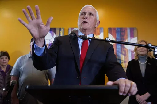 Former Vice President Mike Pence speaks during a parents rights rally Wednesday, Feb. 15, 2023, in Cedar Rapids, Iowa. (AP Photo/Charlie Neibergall)