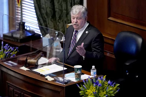 Tennessee Lt. Gov. Randy McNally, R-Oak Ridge, presides over the Tennessee Senate on the first day of the legislative session, Jan. 12, 2021, in Nashville, Tenn. On Thursday, March 9, 2023, McNally apologized after revelations that he interacted on social media with nearly nude photos of a young gay model, in addition to more posts by the man and other LGBTQ personalities, even as the lawmaker has led a Senate that has passed bills targeting the LGBTQ community. (AP Photo/Mark Humphrey, File)