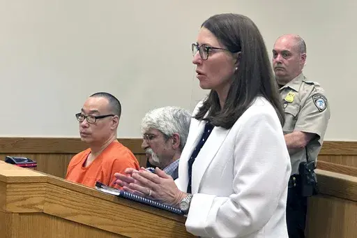 Michigan Assistant Attorney General Shawn Ryan speaks in court, as pharmacist Glenn Chin, is seated, far left, in Howell, Mich., Friday, May 17, 2024. (AP Photo/Ed White, File)