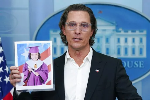 Actor Matthew McConaughey holds a picture or Alithia Ramirez, 10, who was killed in the mass shooting at an elementary school in Uvalde, Texas, as he speaks during a press briefing at the White House, Tuesday, June 7, 2022, in Washington. (AP Photo/Evan Vucci)
